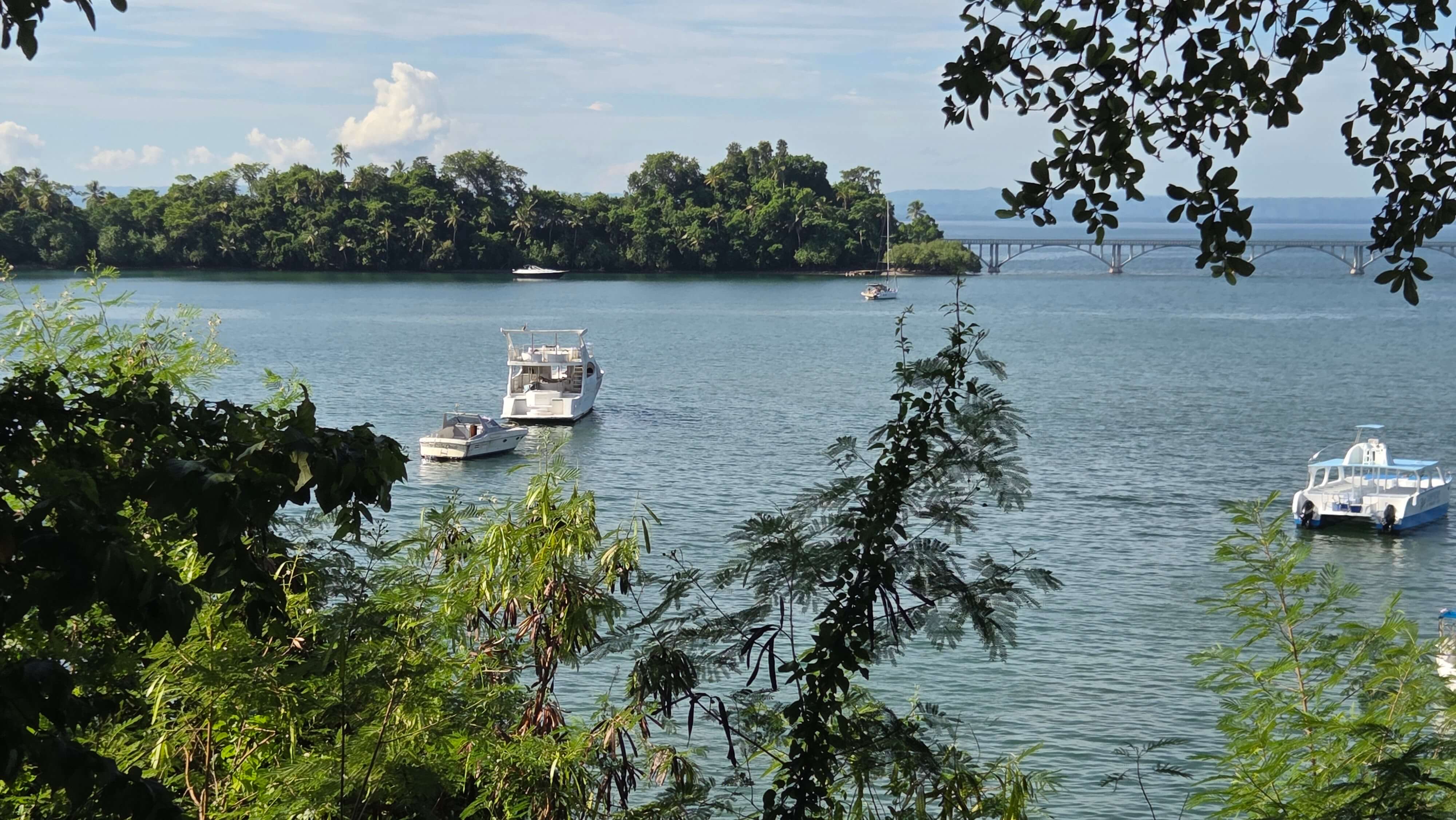 Boats on the water near lush islands in Samaná Bay